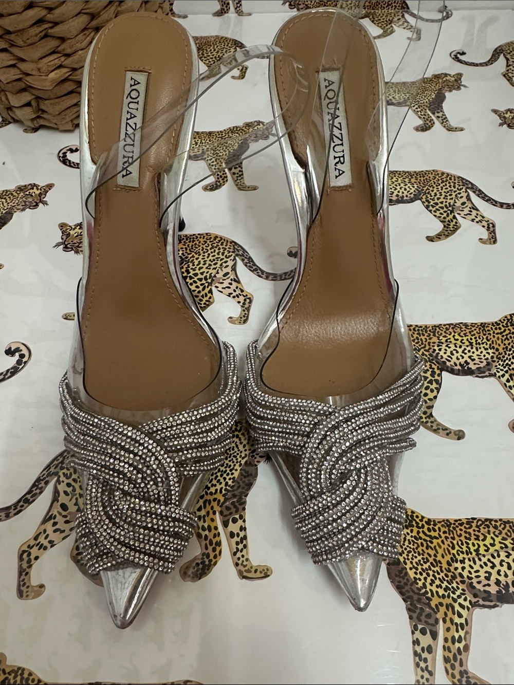 Aquazzura Silver Crystal Knot Pointed Toe Slingback Heels - size 38